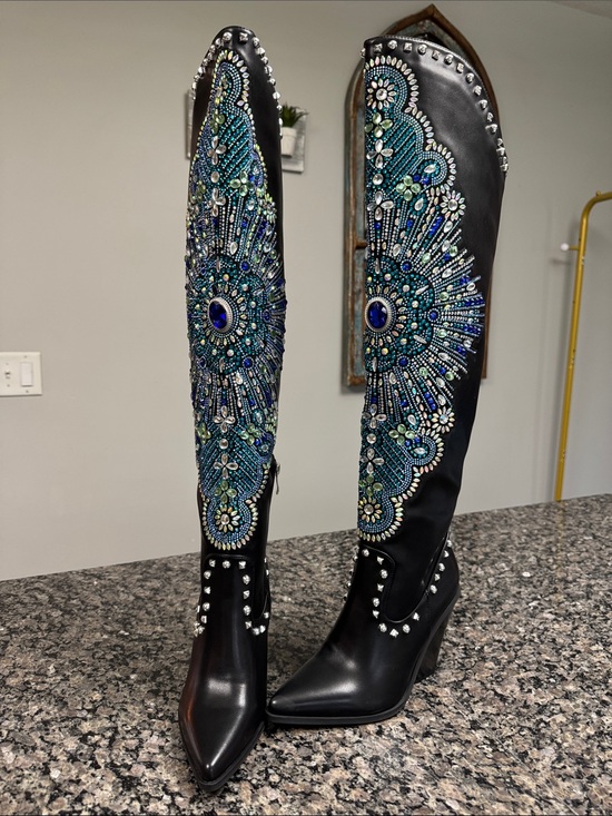 Azalea Wang Shoes - Azalea Wang Over-the-Knee Boots Blue Peacock design and Stud Details NEW 6